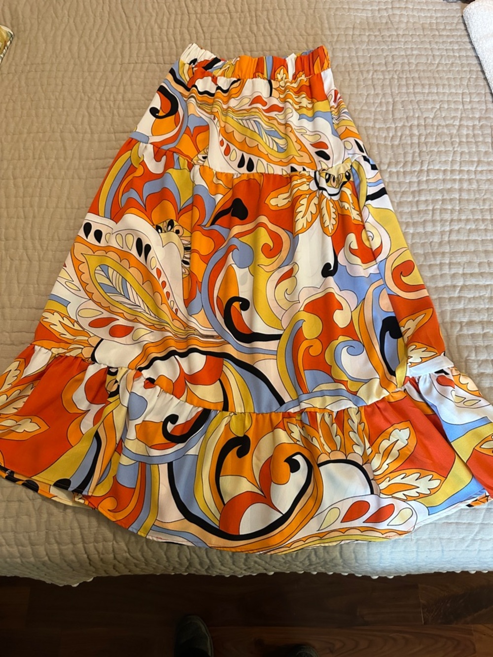 Bright Orange Paisley Maxi Skirt with Elastic Waist